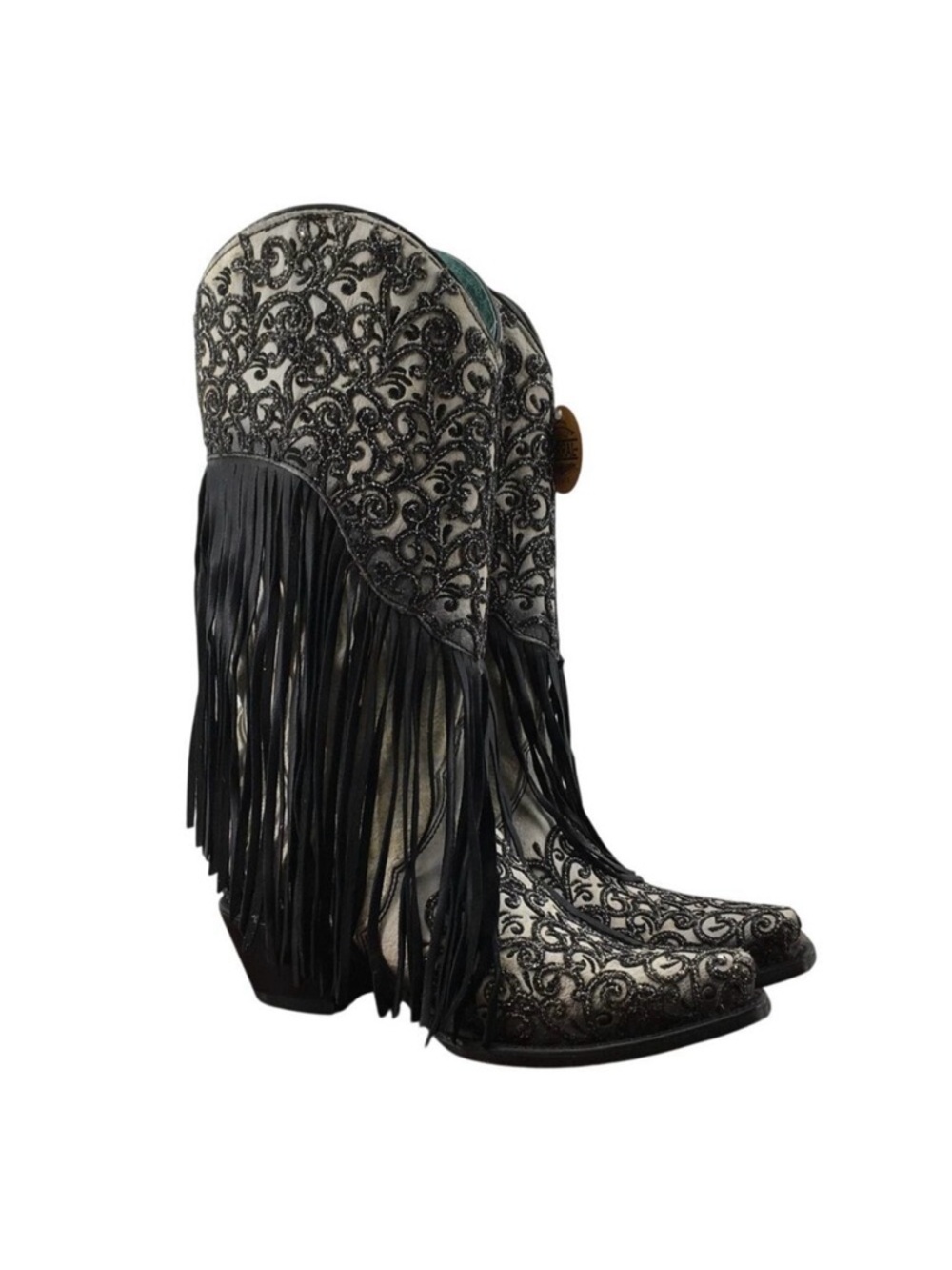 Corral Lamb Overlay Embroidery Western Boots Beige Black New Sz 7 .5 - Picture 10 of 10